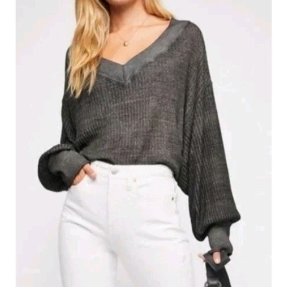 We The Free People Gray South Side Waffle Knit Burnout Thermal Medium Balloon